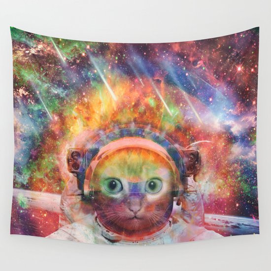 Psychedelic Trippy Cat Astronaut Wall Tapestry By