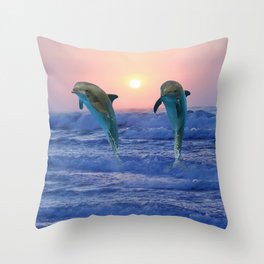 Dolphins at sunrise Throw Pillow | Fish, Marine, Color, Dolphins, Sea, Sunrise, Waves, Photo, Dolphin, Animal 