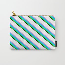 [ Thumbnail: Vibrant White, Plum, Deep Sky Blue, Lime & Black Colored Stripes Pattern Carry-All Pouch ]