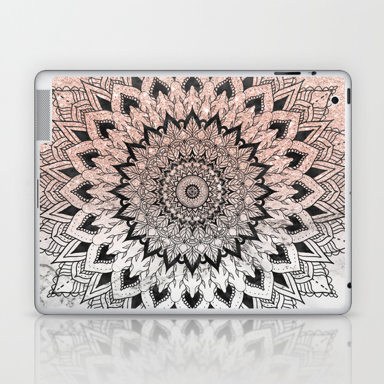 Boho Black Watercolor Floral Mandala Rose Gold Glitter Ombre White