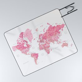 Pink detailed watercolor world map with cities Azalea Picnic Blanket