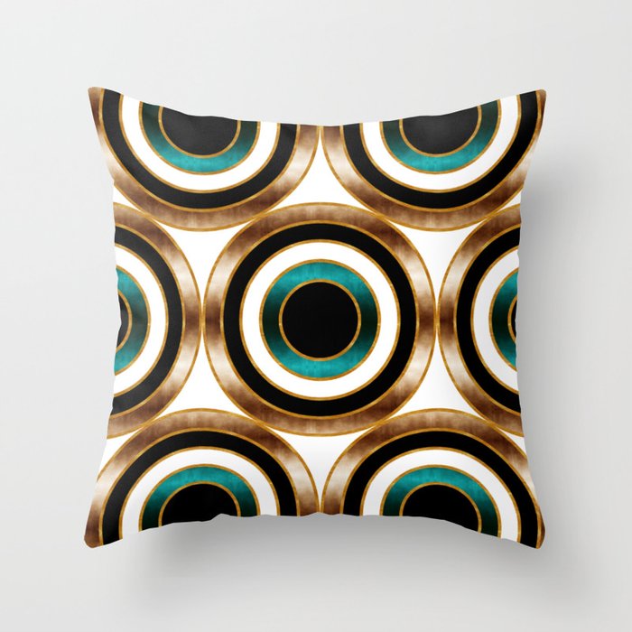 Geo Watercolor Bullseye Pattern // Teal Green, Brown, Black and White Throw Pillow