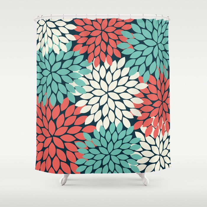 Coral Turquoise Navy Flower Burst, Dahlia Flower Petals, Floral Pattern