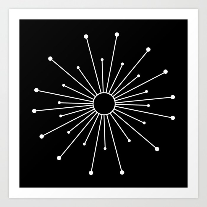 Mid Century Modern Simple Sputnik Starburst Black/White Art Print