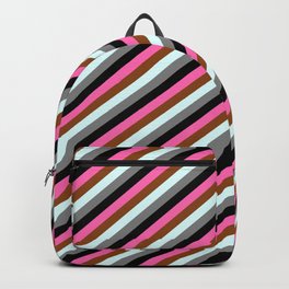 [ Thumbnail: Eye-catching Hot Pink, Brown, Light Cyan, Gray & Black Colored Stripes Pattern Backpack ]