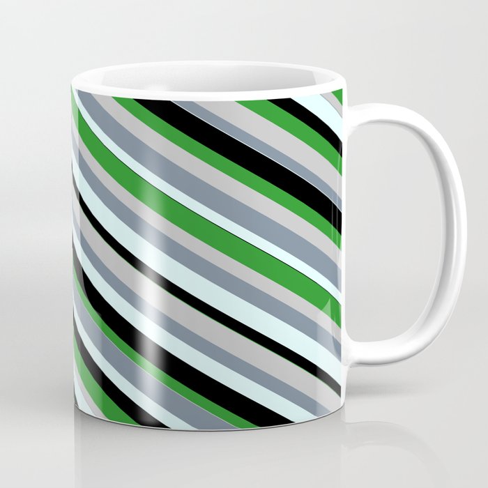 Eye-catching Forest Green, Grey, Slate Gray, Light Cyan & Black Colored Lined/Striped Pattern Coffee Mug