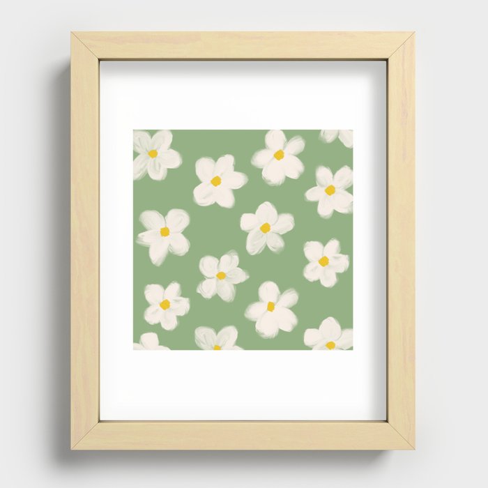 Groovy 70s Daisy Flowers on Sage Green Recessed Framed Print