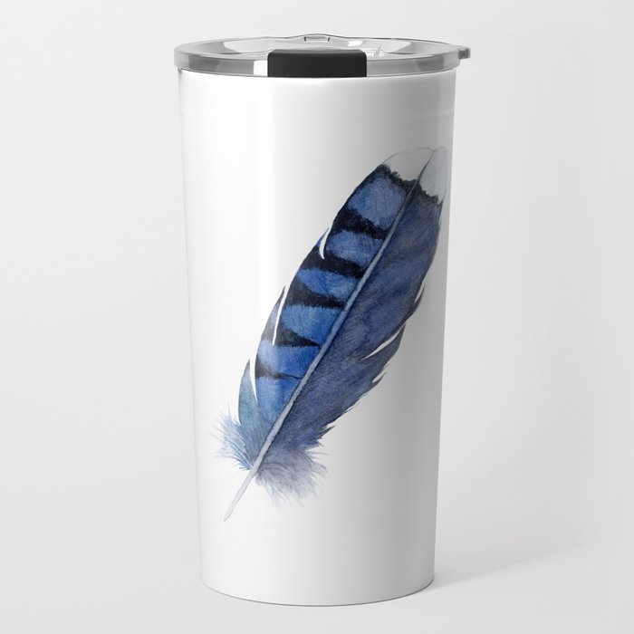 Blue Jay Feather , Blue Feather, Watercolor Feather, Watercolor painting by Suisai Genki Travel Mug