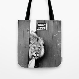Beware of Dog black and white photograph of attack lion humorous black and white photography Tote Bag