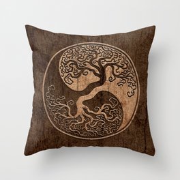 Rough Wood Grain Effect Tree of Life Yin Yang Throw Pillow