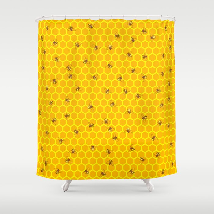 Mind Your Own Beeswax Bright Honeycomb And Bee Pattern Shower Curtain By Grandeduc Society6 Bee Pattern Shower Curtain By Grandeduc, Bright Patterned Shower Curtains