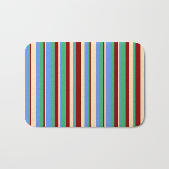 Beige, Cornflower Blue, Sea Green, and Dark Red Colored Lines/Stripes Pattern Bath Mat