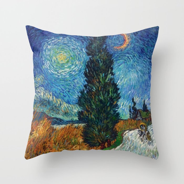Road with Cypress and Star; Country Road in Provence by Night, oil-on-canvas post-impressionist landscape painting by Vincent van Gogh in alternate blue twilight sky Throw Pillow