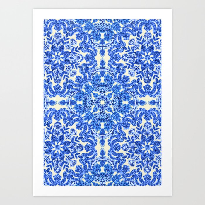 Cobalt Blue & China White Folk Art Pattern Art Print
