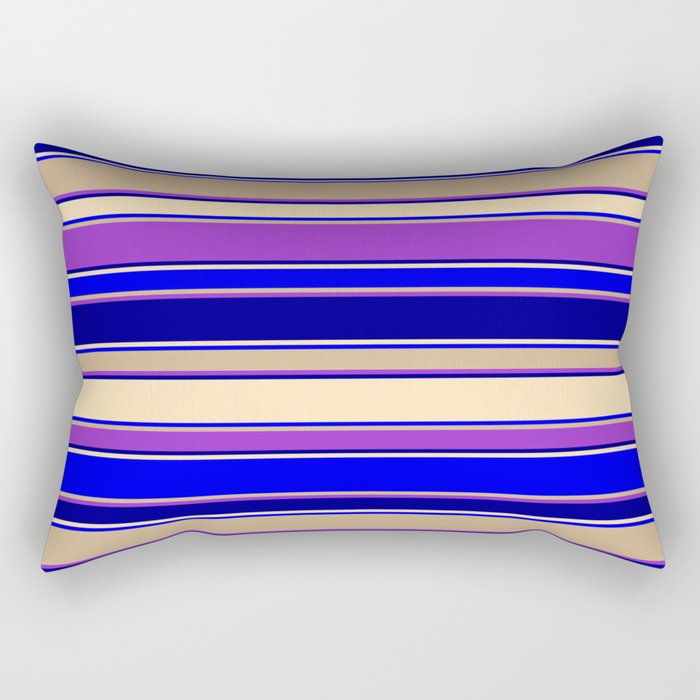 Colorful Dark Orchid, Dark Blue, Beige, Blue & Tan Colored Striped Pattern Rectangular Pillow
