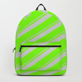 [ Thumbnail: Light Gray and Chartreuse Colored Striped/Lined Pattern Backpack ]