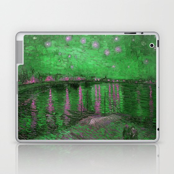 Starry Night Over the Rhone landscape painting by Vincent van Gogh in alternate emerald green with pink stars Laptop & iPad Skin