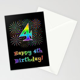 [ Thumbnail: 4th Birthday - Fun Rainbow Spectrum Gradient Pattern Text, Bursting Fireworks Inspired Background Stationery Cards ]