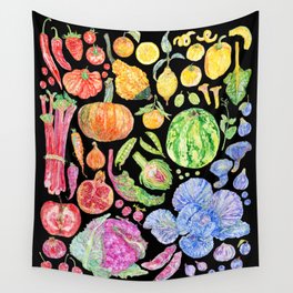 Rainbow of Fruits and Vegetables Dark Wall Tapestry