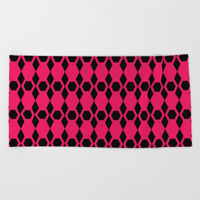 Hot Pink and Black Honeycomb Pattern Beach Towel