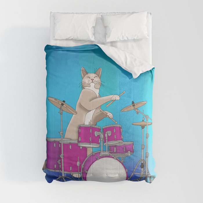 Cat Playing Drums - Blue Comforter