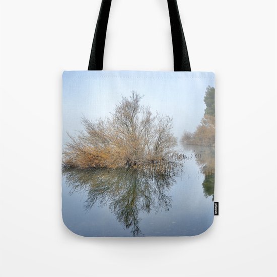 "Foggy Morning At The Lake". Magic sunrise Tote Bag