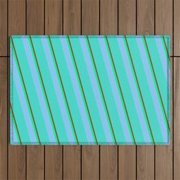 [ Thumbnail: Brown, Green, Light Sky Blue, and Turquoise Colored Striped/Lined Pattern Outdoor Rug ]