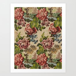 Vintage French Peony Floral Textile, 1700s Art Print