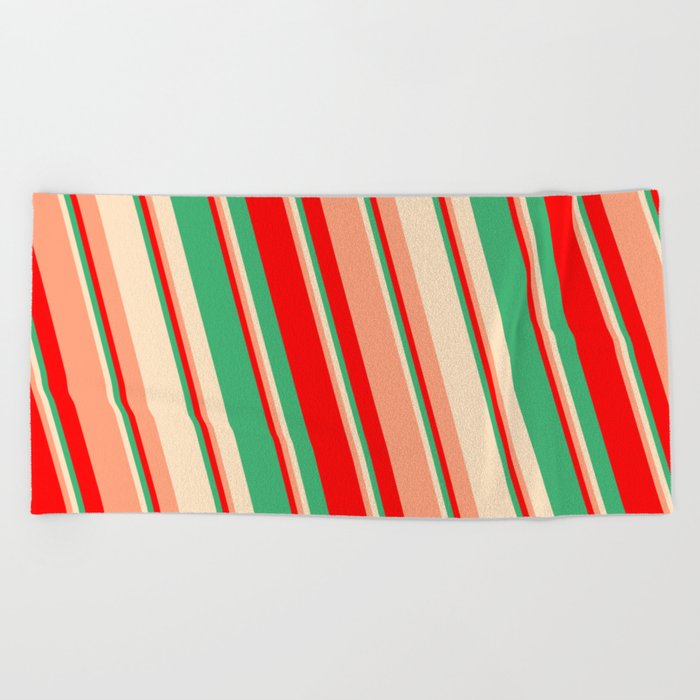 Red, Sea Green, Bisque & Light Salmon Colored Lines/Stripes Pattern Beach Towel