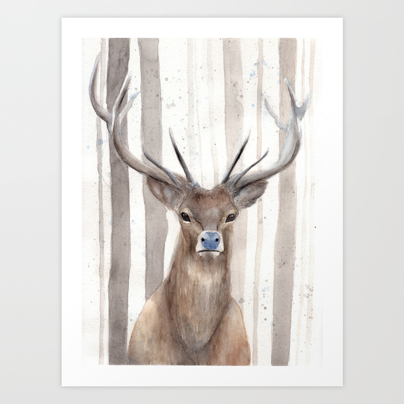 Watercolor Painting Of Picture Deer In Winter Forest Art Print