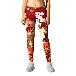 Spring Japanese background with fans and cranes Leggings