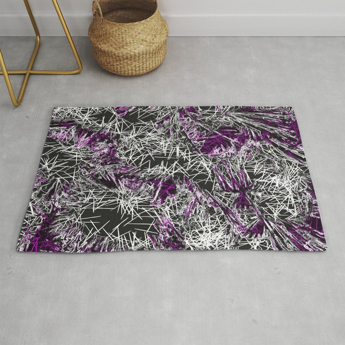 psychedelic geometric sketching abstract in pink purple black and white Rug