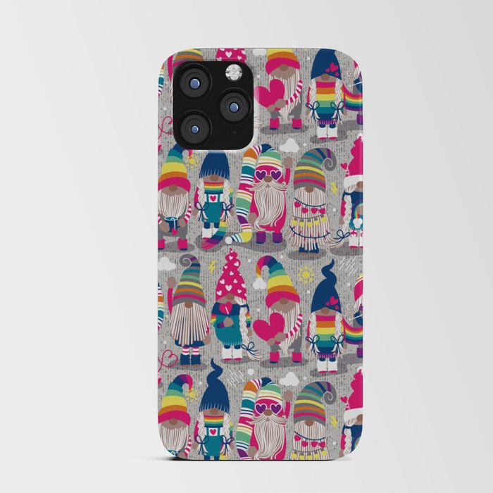 I gnome you // grey background little happy and lovely gnomes with rainbows fuchsia pink hearts iPhone Card Case