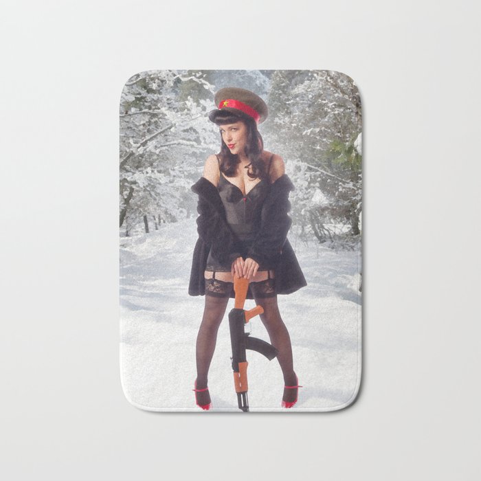 "Sovietsky on Ice" - The Playful Pinup - Russian Theme Pin-up Girl in Snow by Maxwell H. Johnson Bath Mat