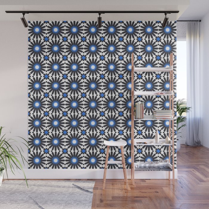 N237 - Geometric Blue Traditional Boho Moroccan Style Tiles Pattern Wall Mural