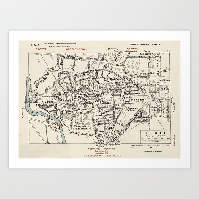 Vintage Forli Italy Map (1943) Art Print by BravuraMedia Society6