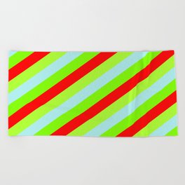 [ Thumbnail: Turquoise, Chartreuse, Red & Light Green Colored Lines/Stripes Pattern Beach Towel ]