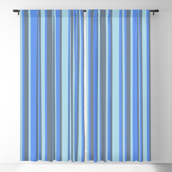 Cornflower Blue, Light Blue, and Slate Gray Colored Striped Pattern Blackout Curtain
