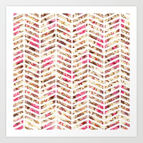 Pink Vintage Floral Girly Chevron Zig Zag Pattern Art Print