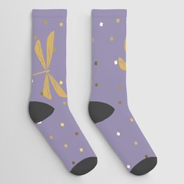 Gold Dragonfly Christmas seamless pattern and Gold Confetti on Purple Background Socks