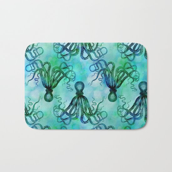 Octopus blue green mixed media underwater artwork Bath Mat