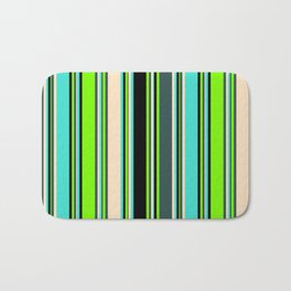 [ Thumbnail: Eyecatching Green, Dark Slate Gray, Bisque, Turquoise, and Black Colored Lined Pattern Bath Mat ]
