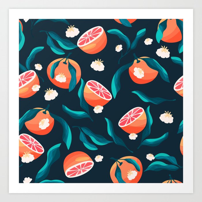 Seamless pattern with hand drawn oranges and floral elements VECTOR Art Print