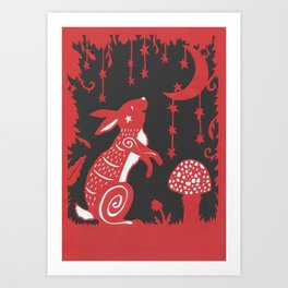 Folky Moon Gazing Rabbit Papercut Art Print | Shootingstar, Magical, Cute, Andreawillette, White, Toadstool, Red, Hare, Moon, Rabbit 