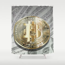 Bitcoin with dollar bills, cryptocurrency concept Shower Curtain