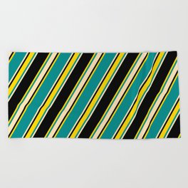 [ Thumbnail: Dark Cyan, Beige, Black, and Yellow Colored Lines/Stripes Pattern Beach Towel ]