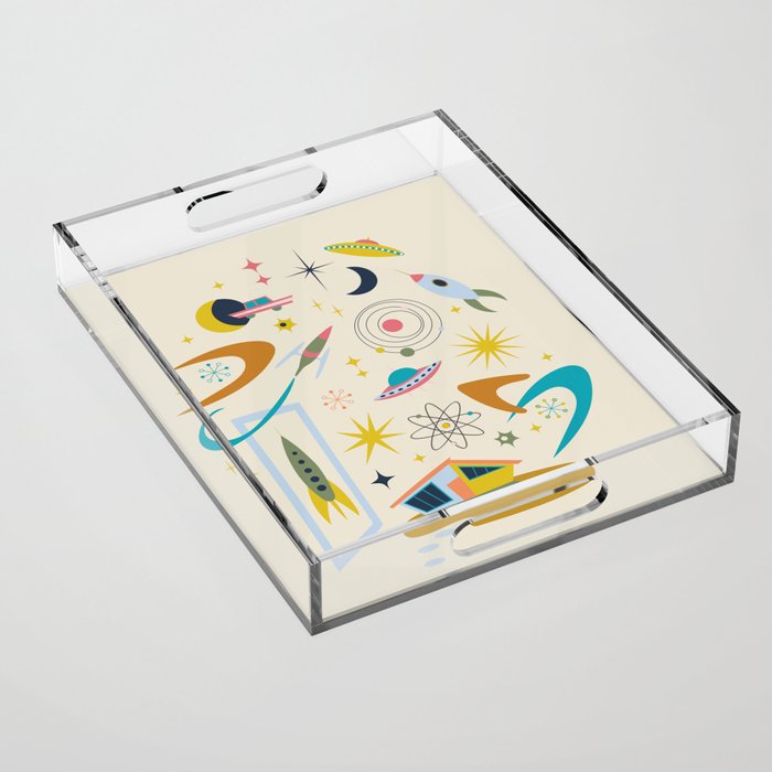 Mid Century Architecture in Space - Retro design in pastels on Cream by Cecca Designs Acrylic Tray