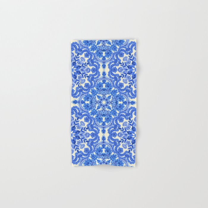 Cobalt Blue & China White Folk Art Pattern Hand & Bath Towel