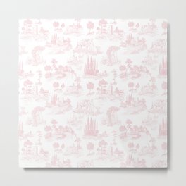 Toile de Jouy Vintage French Romantic Pastoral Baby Pink & White Metal Print