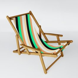 [ Thumbnail: Eye-catching Green, Brown, Mint Cream, Tan, and Black Colored Lines/Stripes Pattern Sling Chair ]